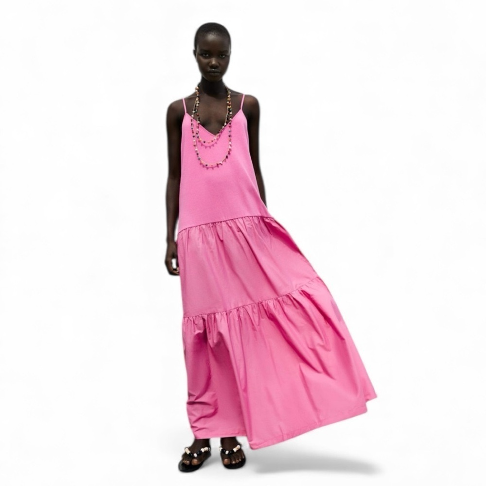 ZARA Pink Tiered Maxi Sundress Women’s Small Flowy Resort Summer Slip Dress